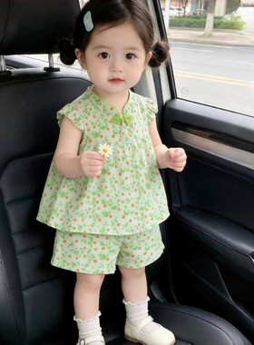 儿童夏季薄款棉绸睡衣宝宝套装女童人造棉飞袖盘扣改良旗袍两件套