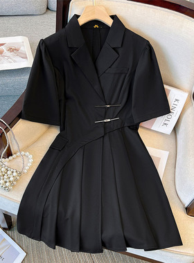 夏季新款350斤大码女装遮肉OL韩版 胖MM西装百褶连衣裙2023夏新款