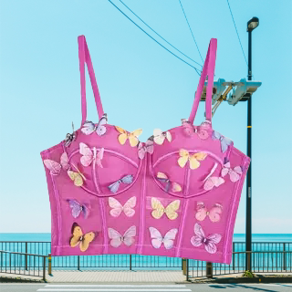 春秋新款鱼骨胸衣3D立体蝴蝶排扣吊带紧身露脐辣妹装网纱露背上衣