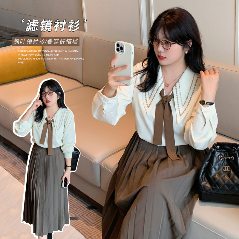 大码韩版学院风龄刺绣蝴蝶结衬衫 洋气遮肚上衣纯情新款韩版200斤