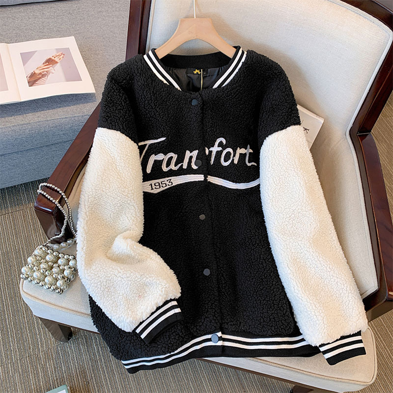 羊羔毛棒球服加厚保暖美式外套