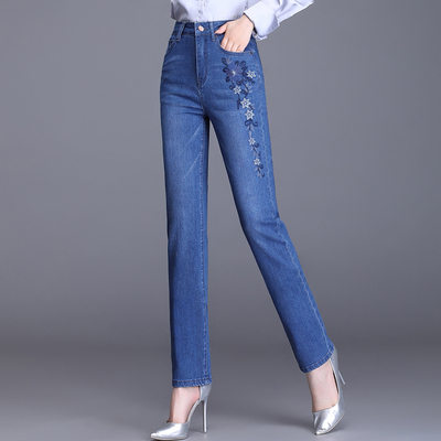 直筒裤长裤春秋弹力牛仔裤绣花