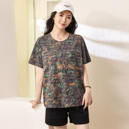 大码女装夏装200斤胖妹妹百搭时尚休闲上衣胖mm宽松显瘦短袖T恤衫