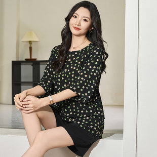 T恤衫 大码 胖妹妹时髦洋气波点上衣胖mm宽松显瘦雪纺短袖 女装 夏装
