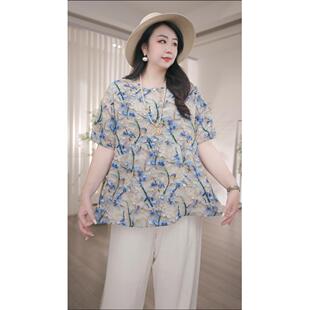 新款 大码 t恤200斤胖mm宽松显瘦气质提花上衣夏季 高级天丝短袖 女装