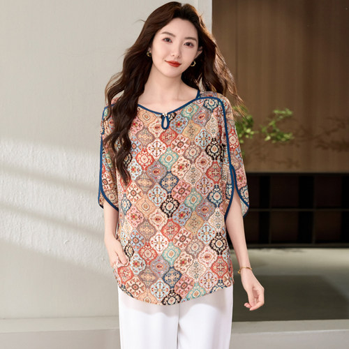 胖妹妹夏装时髦洋气雪纺短袖T恤