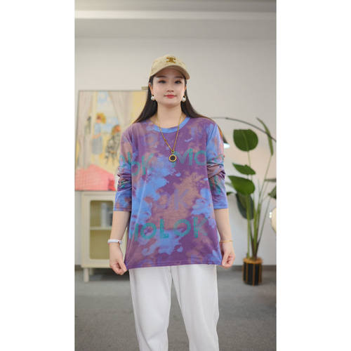 大码女装纯棉休闲长袖T恤200斤胖妹妹宽松显瘦时尚胖妈妈印花上衣