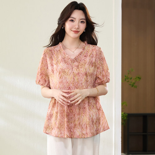 胖mm夏装时髦洋气雪纺短袖T恤