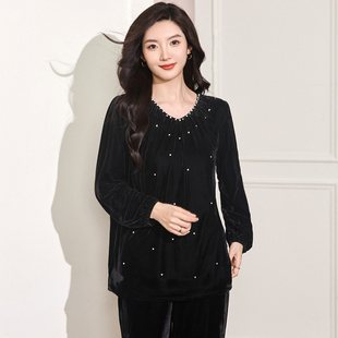 大码女装秋装胖mm宽松显瘦长袖T恤胖妹妹洋气时尚休闲金丝绒上衣