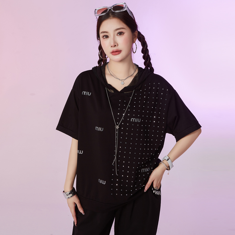 大码女装200斤胖妹妹洋气时尚休闲上衣胖mm夏装宽松显瘦短袖T恤衫
