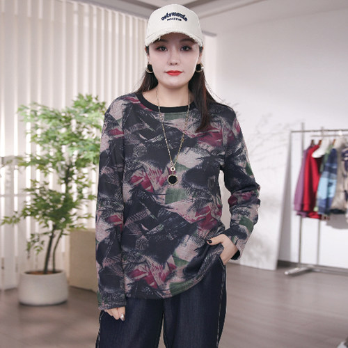 胖mm洋气时尚显瘦长袖T恤衫