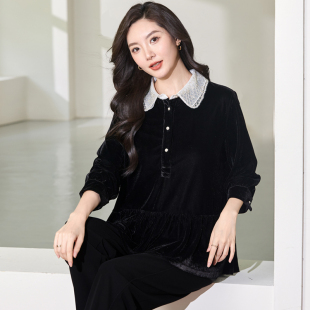 大码女装春装胖妹妹时髦洋气休闲金丝绒上衣胖mm遮肚显瘦长袖T恤