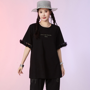 加肥加大码 200斤胖妹妹时髦洋气上衣胖mm宽松显瘦休闲T恤 女装 夏装
