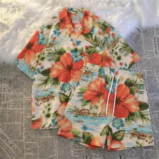 夏季男士睡衣冰丝短袖大红花夏威夷夏天青年开衫可外穿家居服套装