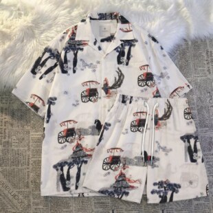 夏季男士睡衣冰丝短袖可外穿休闲开衫大码夏天青年大码家居服套装