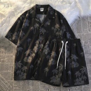 夏季男士睡衣冰丝短袖夏威夷风椰树新款夏天青年可外穿家居服套装