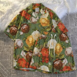 夏季男士睡衣冰丝短袖印染油画繁花叶子夏天青年可外穿家居服套装