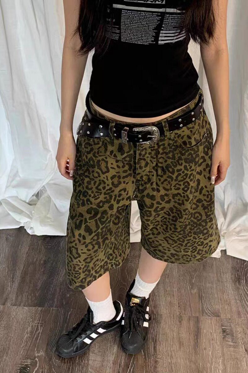 官2405-P43工装豹纹短裤女美式高腰辣妹风穿搭五分裤复古阔腿裤子，女装休闲裤，电商A306-1