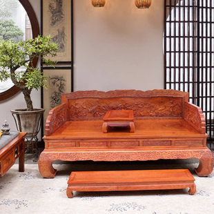 红木家具缅甸花梨木罗汉床大果紫檀雕花中式独板加厚客厅罗汉榻
