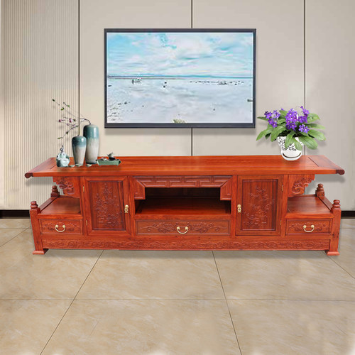 红木缅甸花梨雕花加高电视柜榫卯
