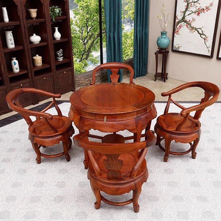 红木缅甸花梨木圆形餐桌牛角椅大果紫檀客厅实木中式休闲桌椅组合
