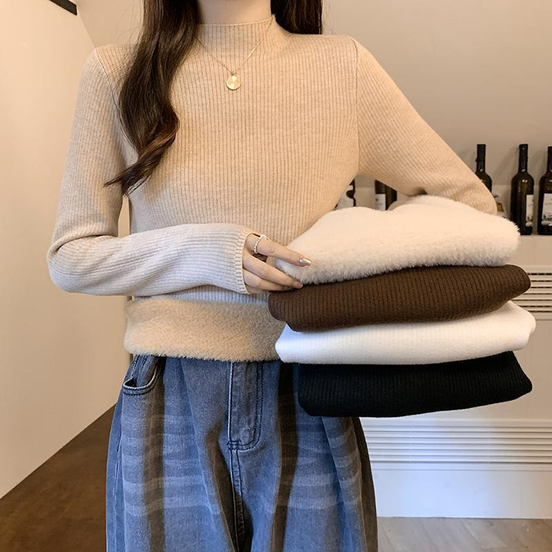 半高领毛衣女加绒加厚一体绒秋冬内搭大码宽松保暖上衣打底针织衫
