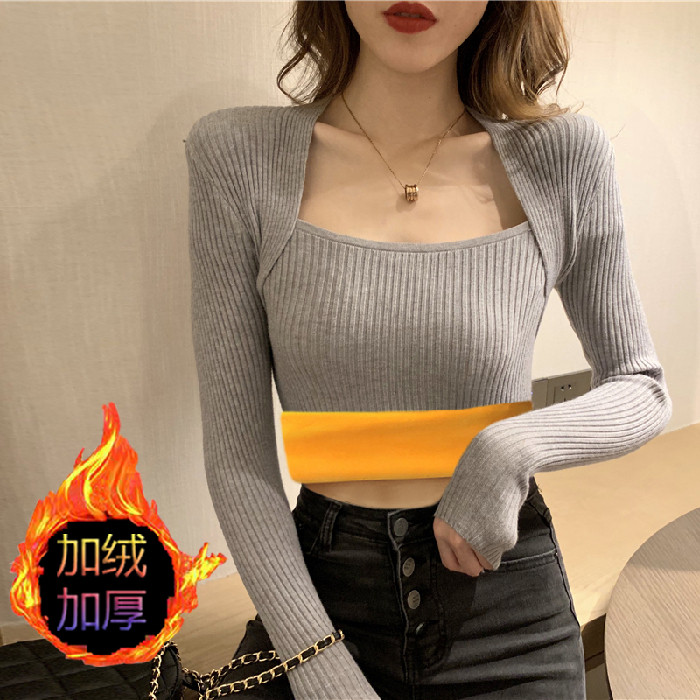新款撞色假两件方领漏锁骨针织衫女加绒加厚修身显瘦打底衫毛衣