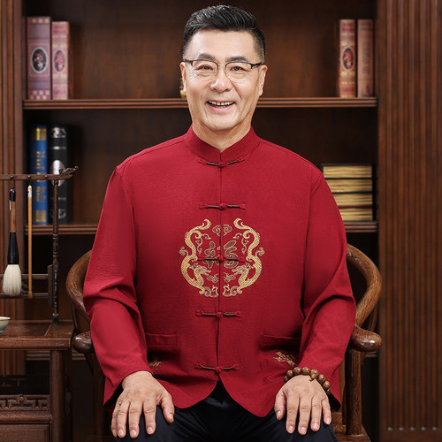 高端中老年唐装套装男春秋高档红色生日寿宴爷爷装中式中山装夹克
