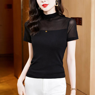 半高领网纱短袖T恤女2025夏季