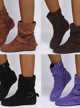 粘胶鞋短靴成年圆头粗跟低筒sgs订货女灰色时装靴秋冬