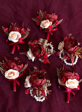 仿真花新中式父母新娘红色胸花 伴娘手腕花结婚襟花 婚庆胸针道具