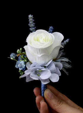 仿真花白蓝色调玫瑰新娘婚礼胸花结婚用品婚庆用品襟花拍照迎宾花