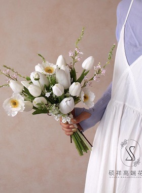 仿真花白色罂粟郁金香新娘拍照手捧花婚礼婚庆影楼拍摄绢花把束花