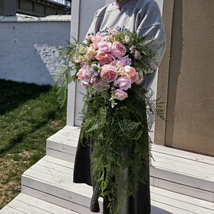 仿真花粉色奥斯丁玫瑰郁金香水滴手捧花 瀑布型摄影影楼拍照花束