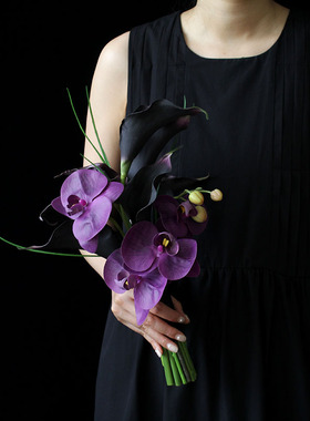 仿真花紫色蝴蝶兰新娘拍照手捧花婚礼摄影欧式旅拍花束道具室外拍