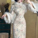 长裙 立体蝴蝶温柔真毛袖 画报夫人白色旗袍裙秋冬加绒新中式 改良版