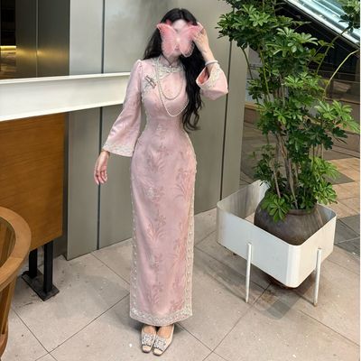 改良版粉色加绒蕾丝边旗袍礼服