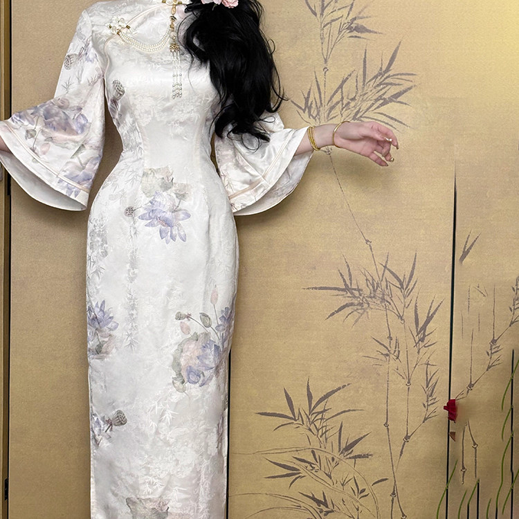 春夏原创自制2025新中式国风清冷感旗袍 倒大袖陌上花开