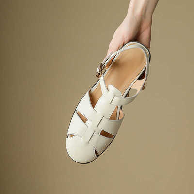 透气软皮2024夏季平底舒适洞洞鞋