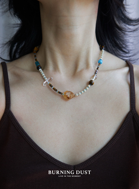 琥珀浮海｜复古文艺原创彩色天然石链不对称设计感百搭项链