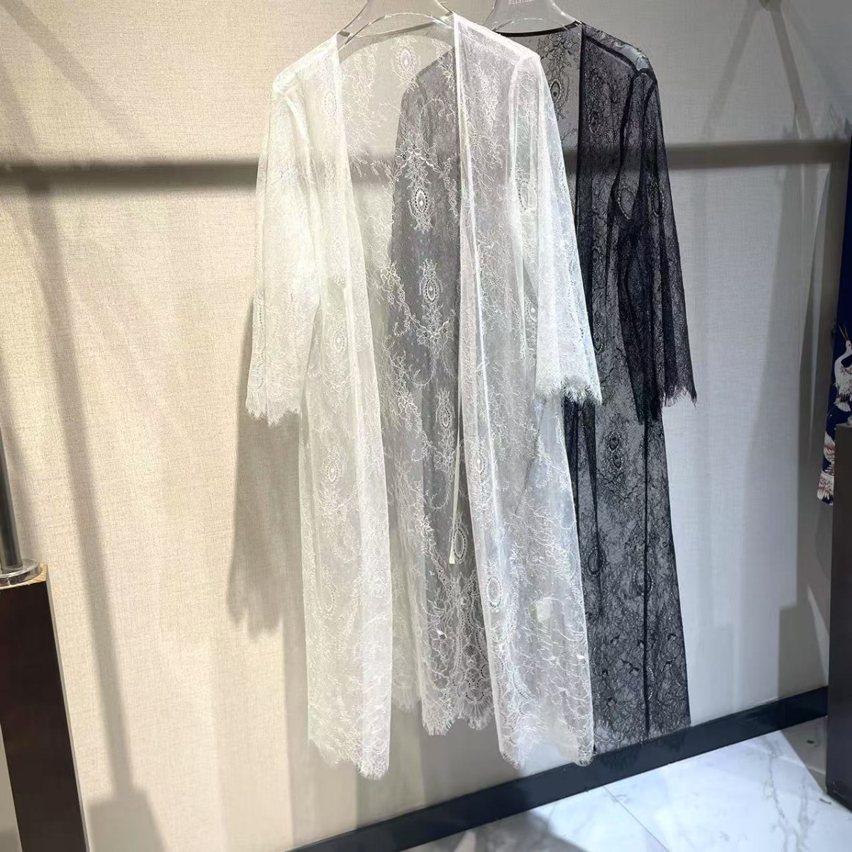 真丝睡衣外搭睡袍 性感蕾丝睡袍中长款长袖家居服外搭S2358