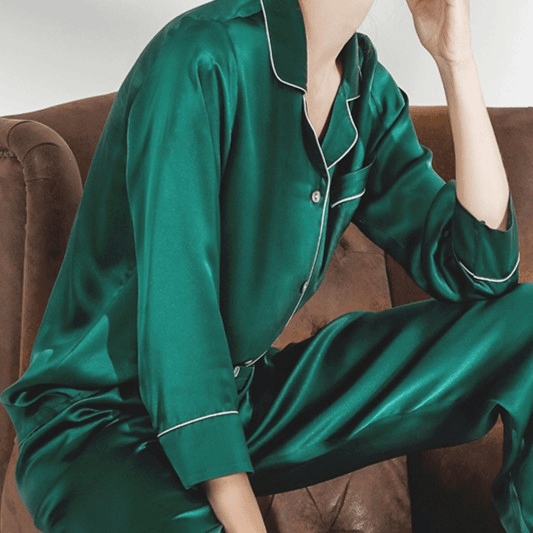 【李夫人MOMO粉丝专享】睡衣女长袖100%桑蚕丝情侣套装A9901-1