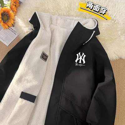 双面穿连帽保暖羊羔绒棉服男款