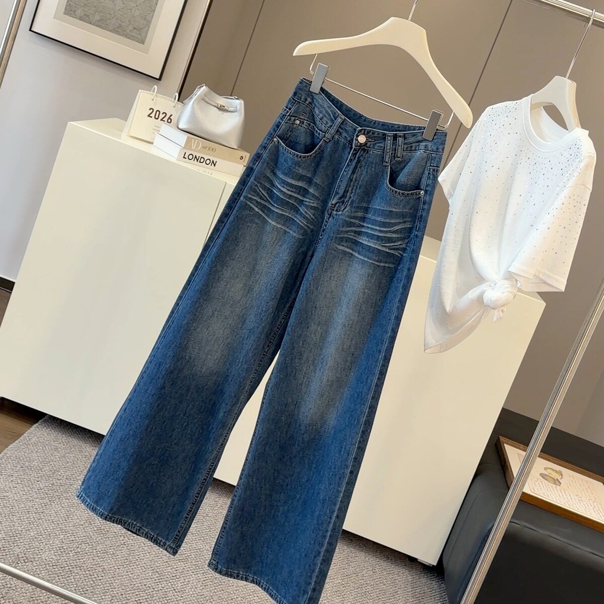 薄款高腰深蓝阔腿牛仔裤女夏季新款宽松百搭休闲显瘦直筒拖地长裤
