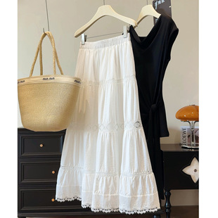 超仙大摆A字重工蕾丝花边白色半身裙女松紧腰长款 裙子 蛋糕裙夏季