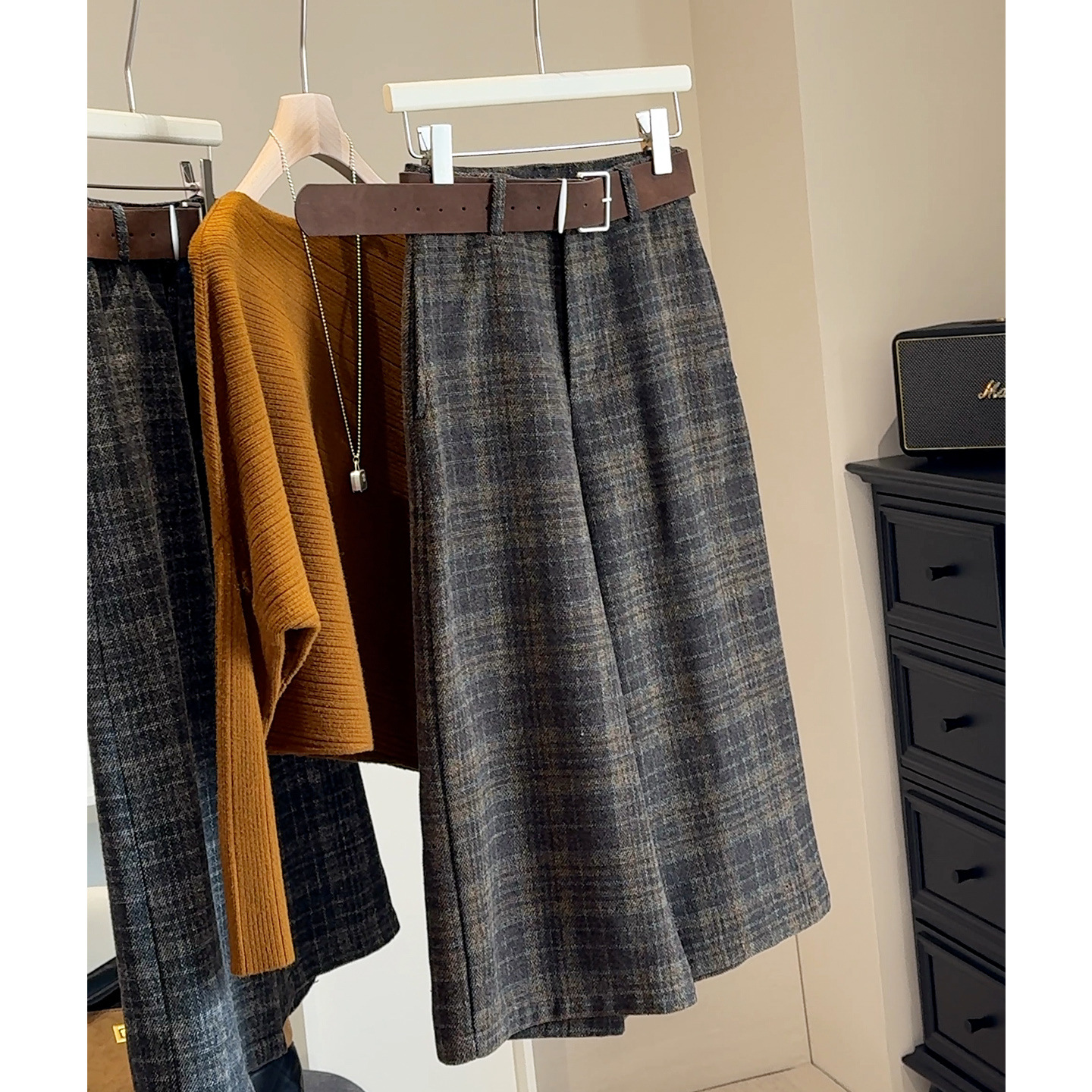 毛呢高腰休闲裤女复古格子宽松显瘦百搭八分裤时尚加厚女士阔腿裤