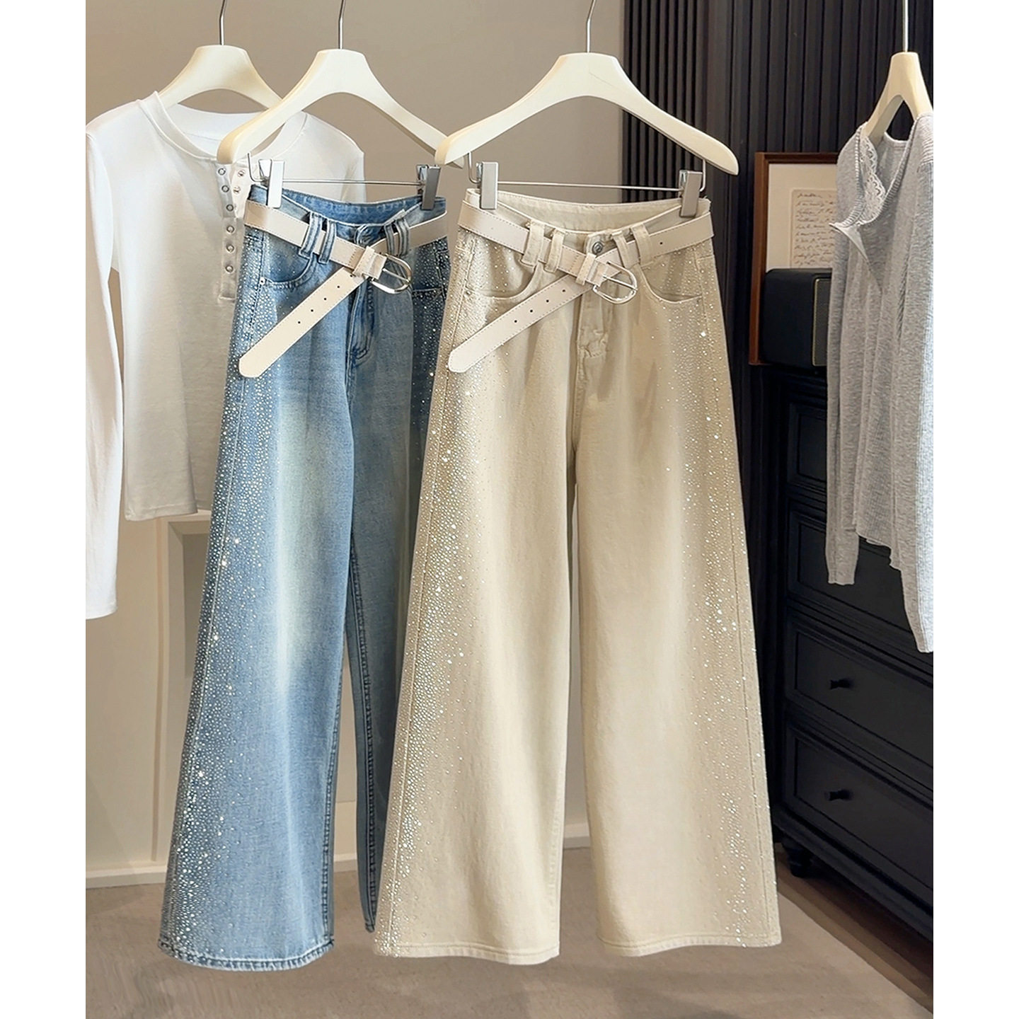 时尚设计感重工烫钻牛仔裤女2026春季新款韩版高腰显瘦宽松阔腿裤,女装/女士精品,牛仔裤,淘宝优惠券,粉丝福利购,淘宝优惠卷