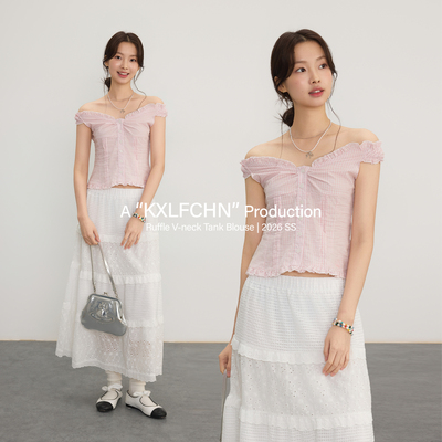 KXLFCHN 空穴来风V领荷叶边背心衬衫上衣格纹小飞袖短袖女夏季