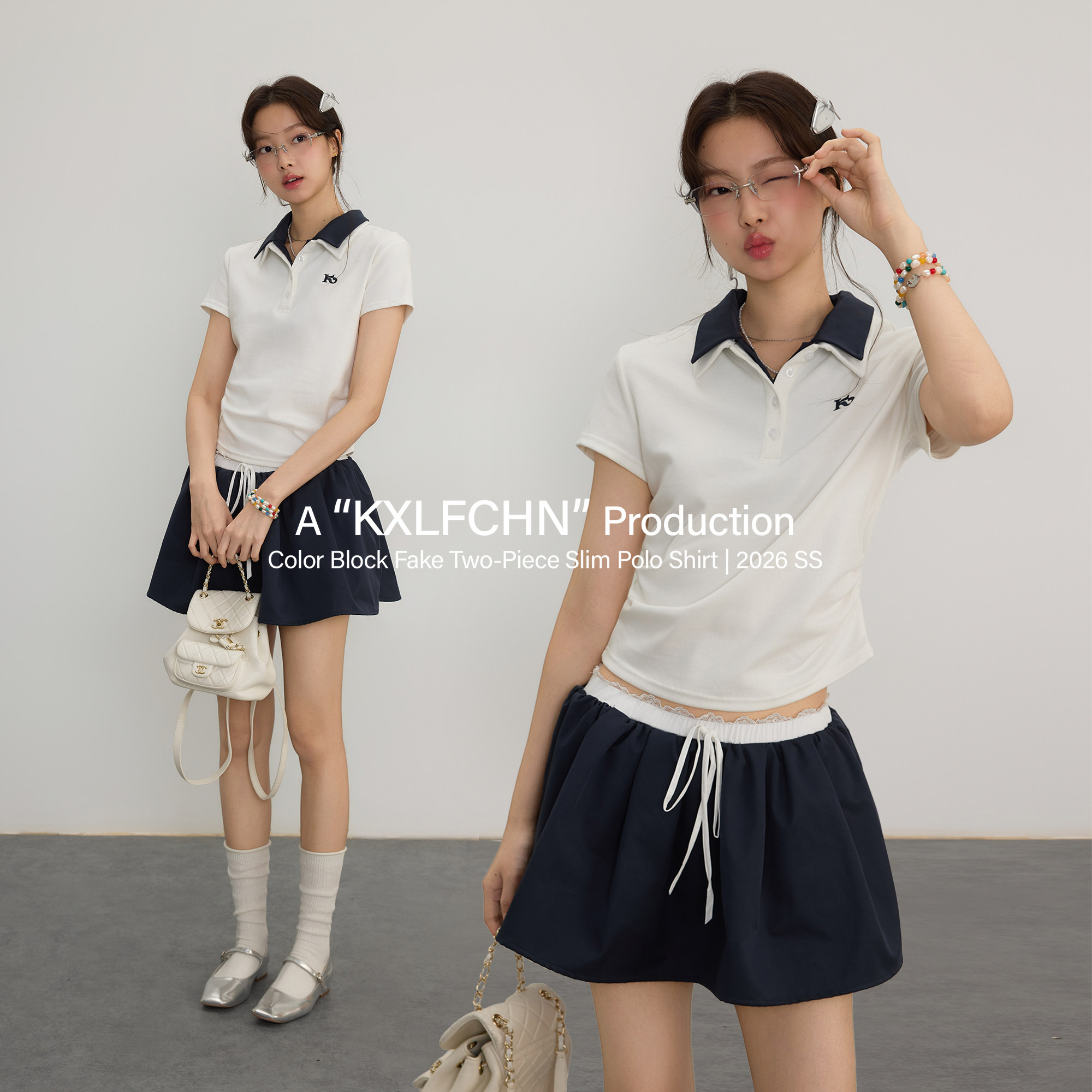 KXLFCHN空穴来风 设计感假两件撞色POLO衫女上衣夏季修身短袖T 恤图片