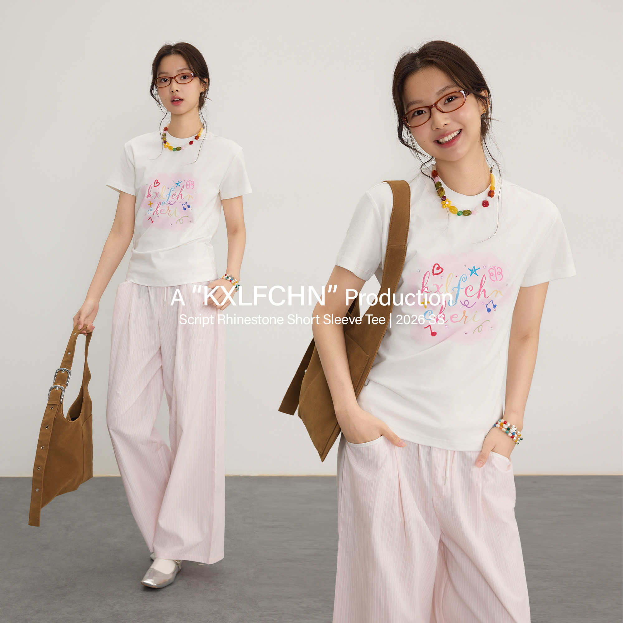 KXLFCHN空穴来风 夏季休闲百搭修身款草写烫钻字母短袖上衣T恤女